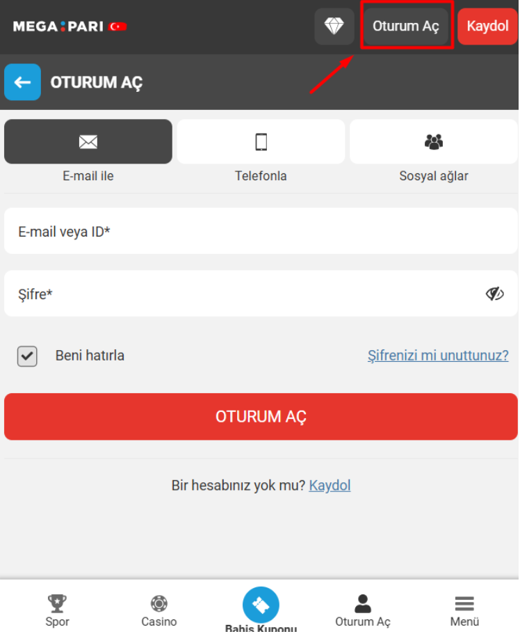 Megapari Uygulamasında Kayıt